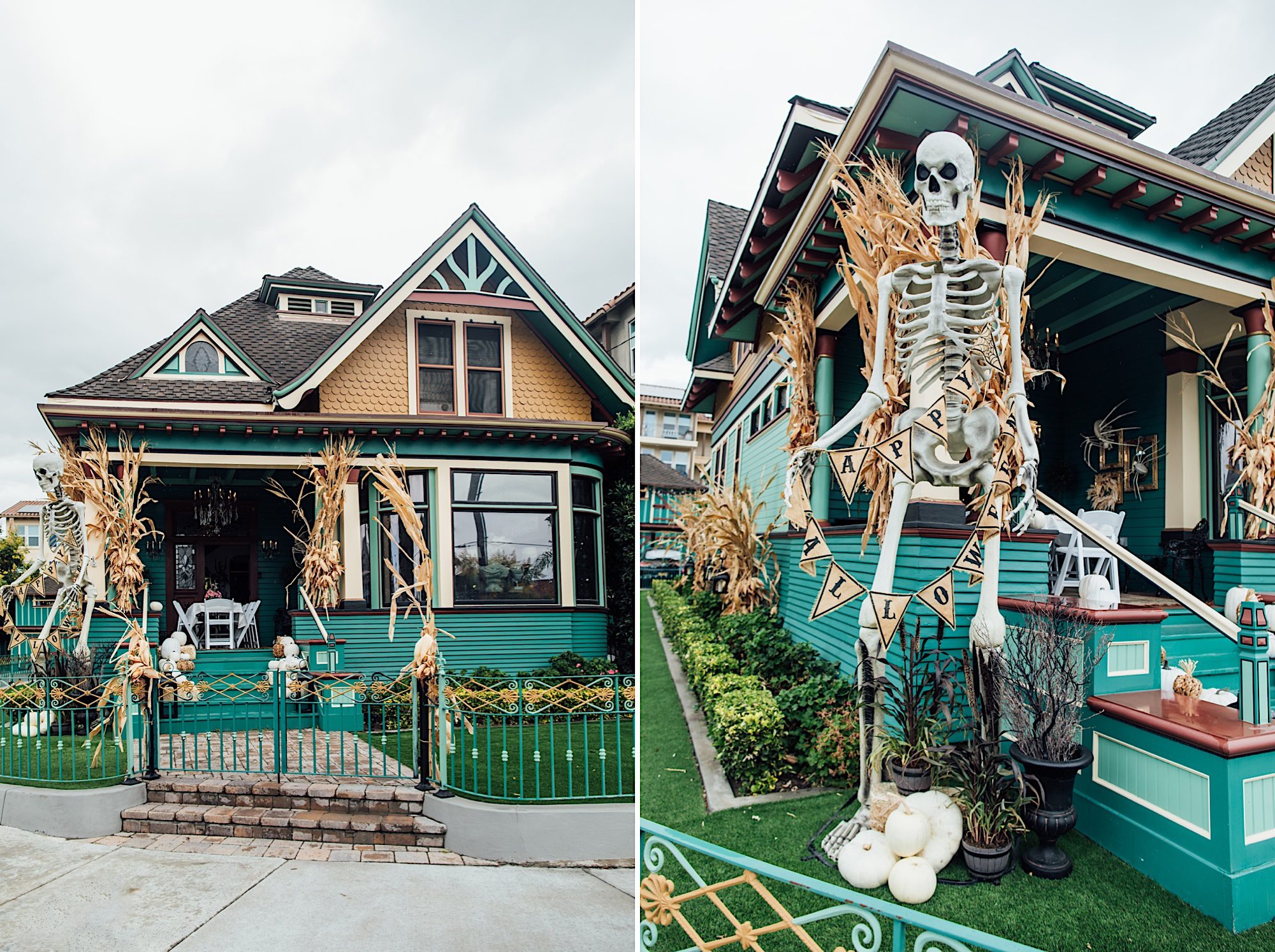 Large halloween skeleton outside of victorian haunted mansion by photographer Jessica Sofranko