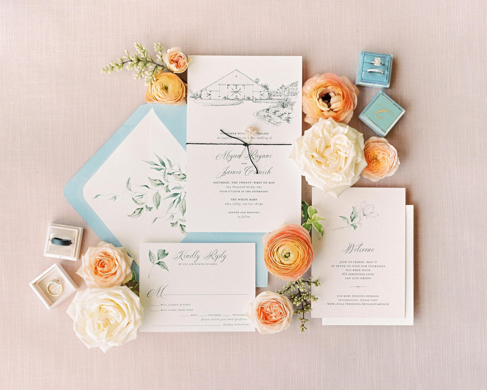 Invitation suite by Tracy Rossi Designs with illustration of the White Barn Edna Valley photographed by san luis obispo wedding photographers jessica sofranko