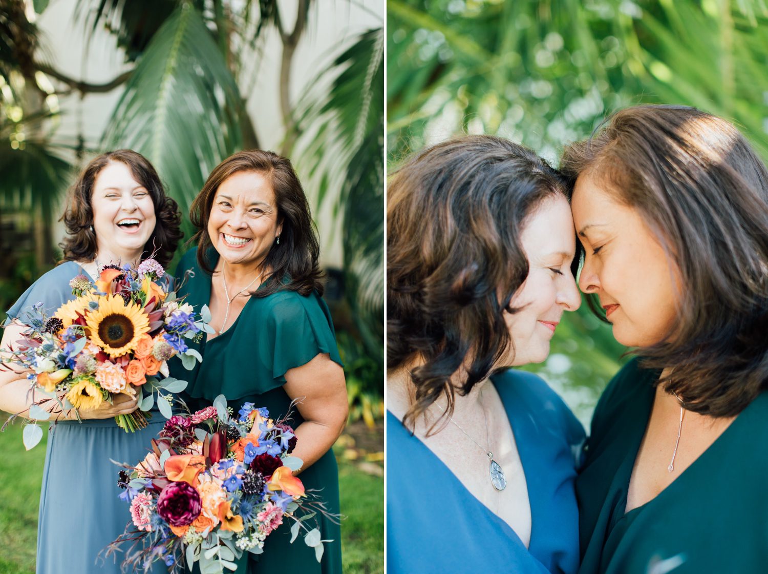 Two Brides holding colorful wedding bouquet