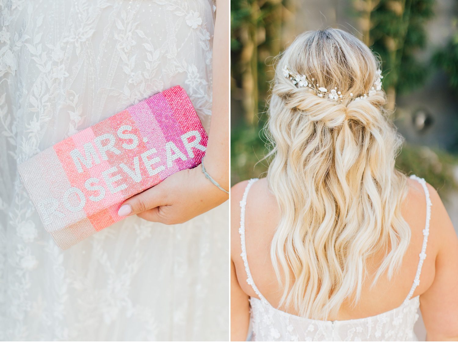 Bridal Details including wedding hair and purse.
