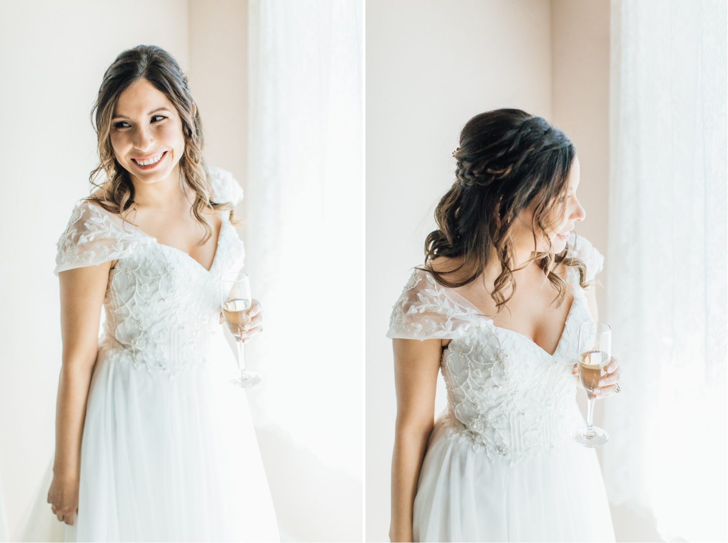 Bride sipping champagne before her  french inspired wedding