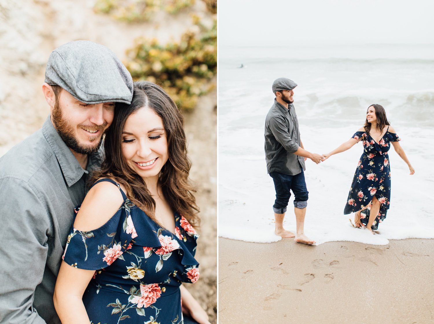 Engaged couple on foggy beach