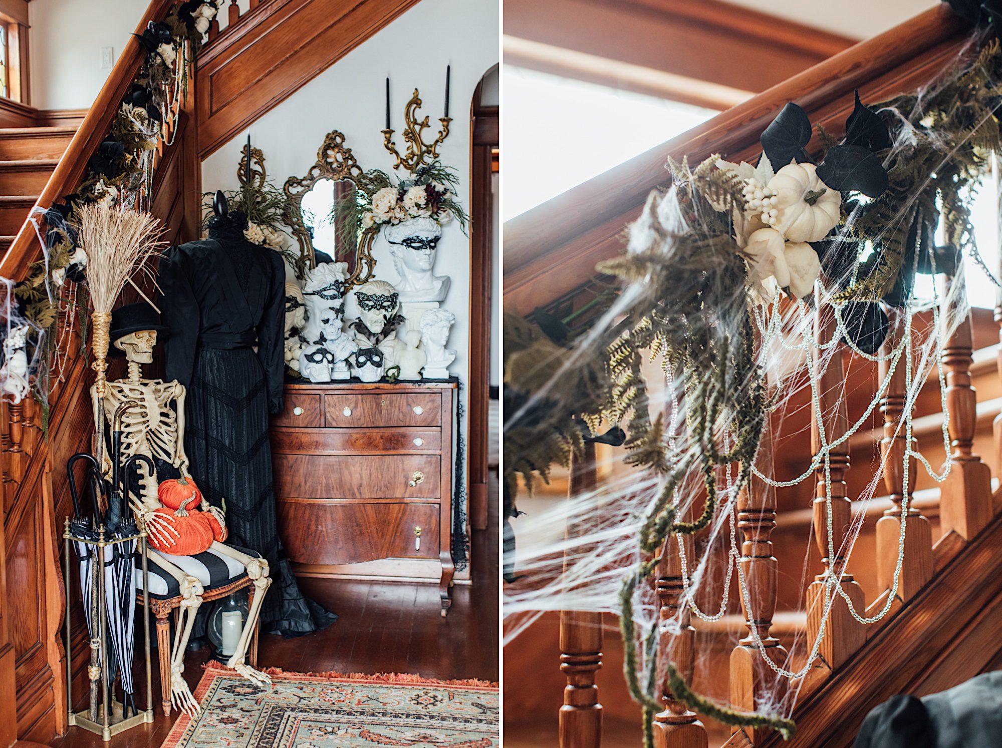 halloween decor inside victorian haunted mansion by photographer Jessica Sofranko