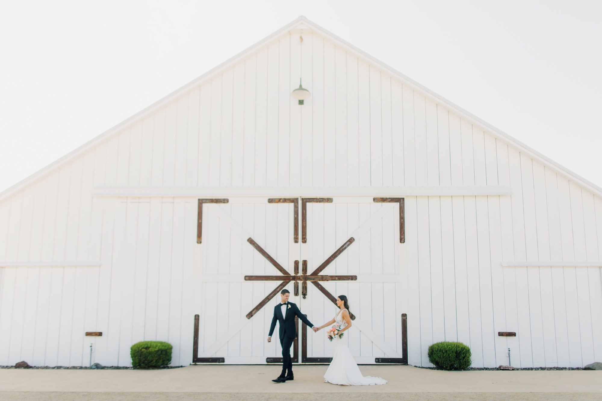 Bride and groom walking and holding hands in front of a white barn at the White Barn Edna Valley photographed by san luis obispo wedding photographers jessica sofranko