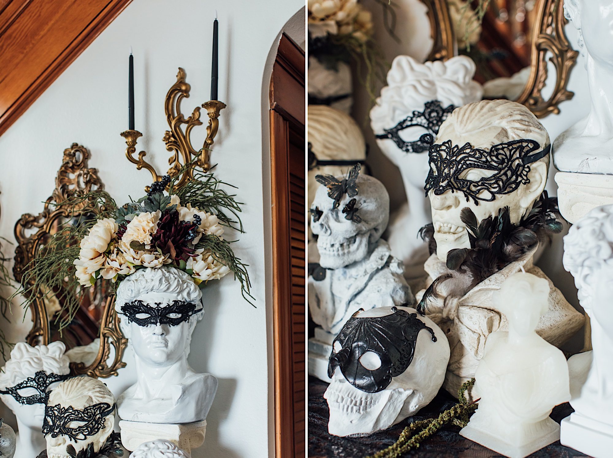 halloween masks inside of victorian haunted mansion by photographer Jessica Sofranko