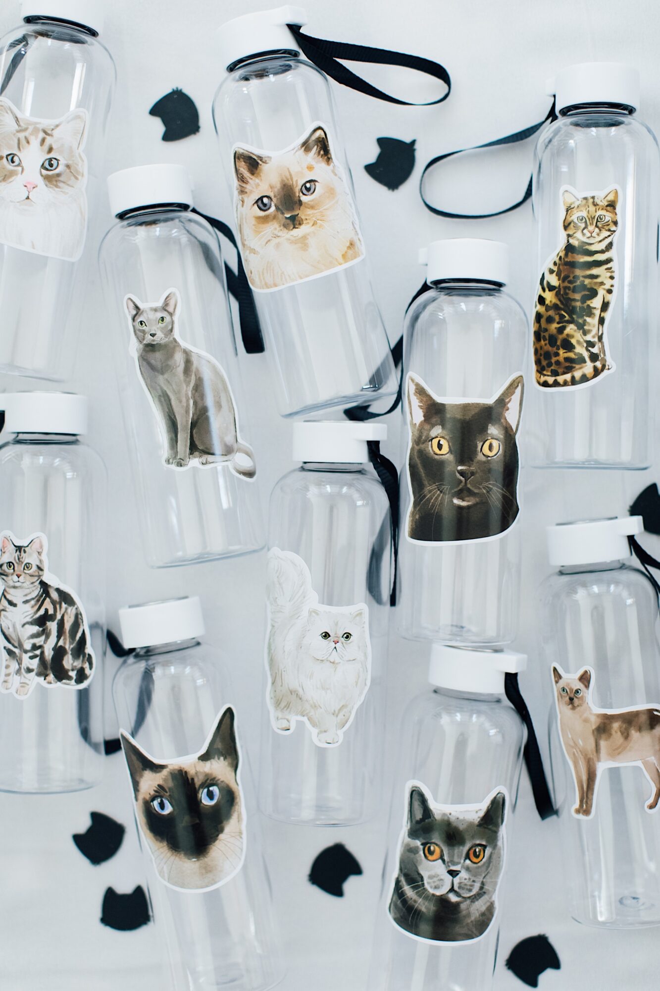 customized water bottles with cat stickers for cat party