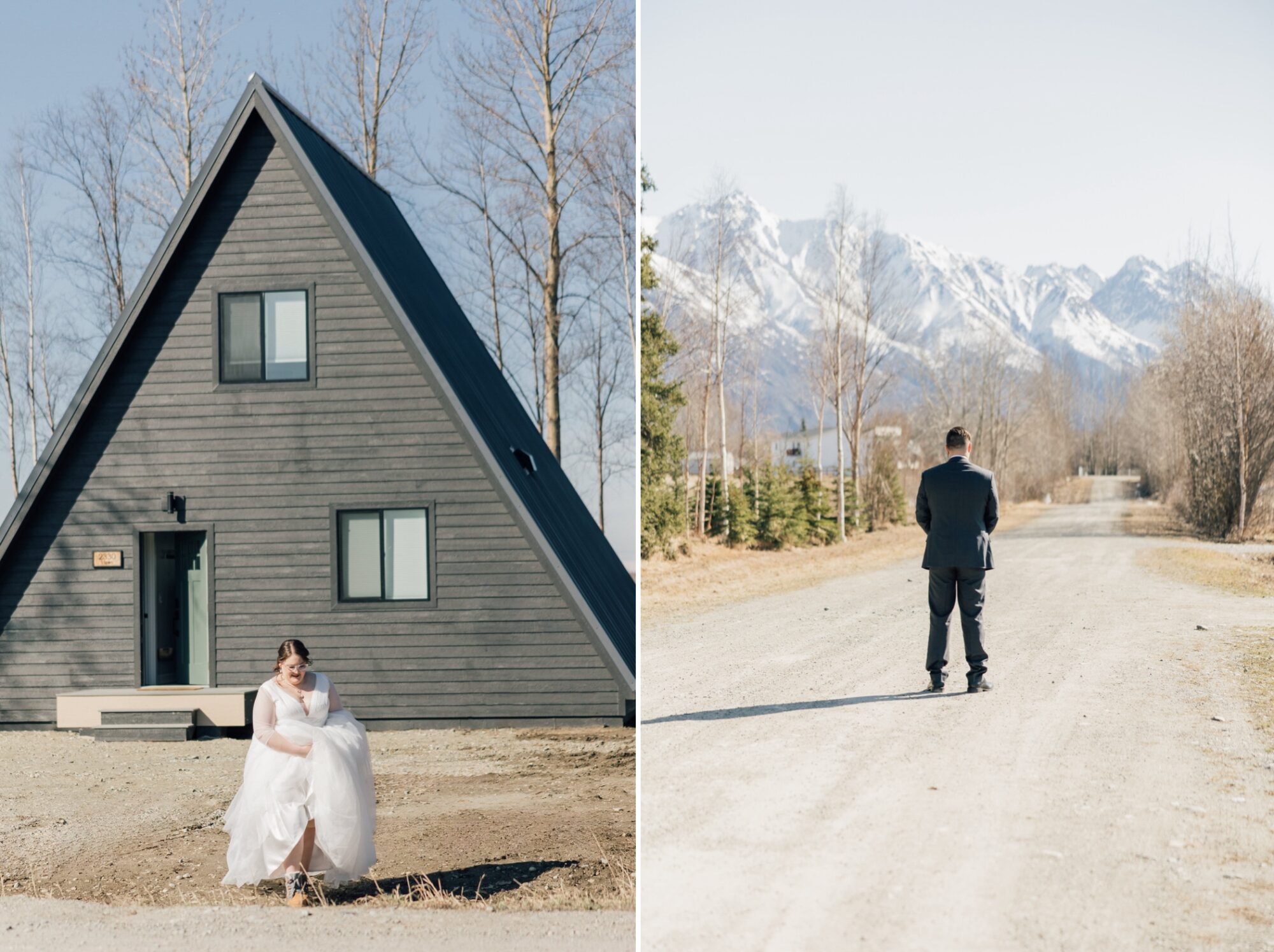 bride and groom first look the Riverside AK airbnb in Palmer Alaksa