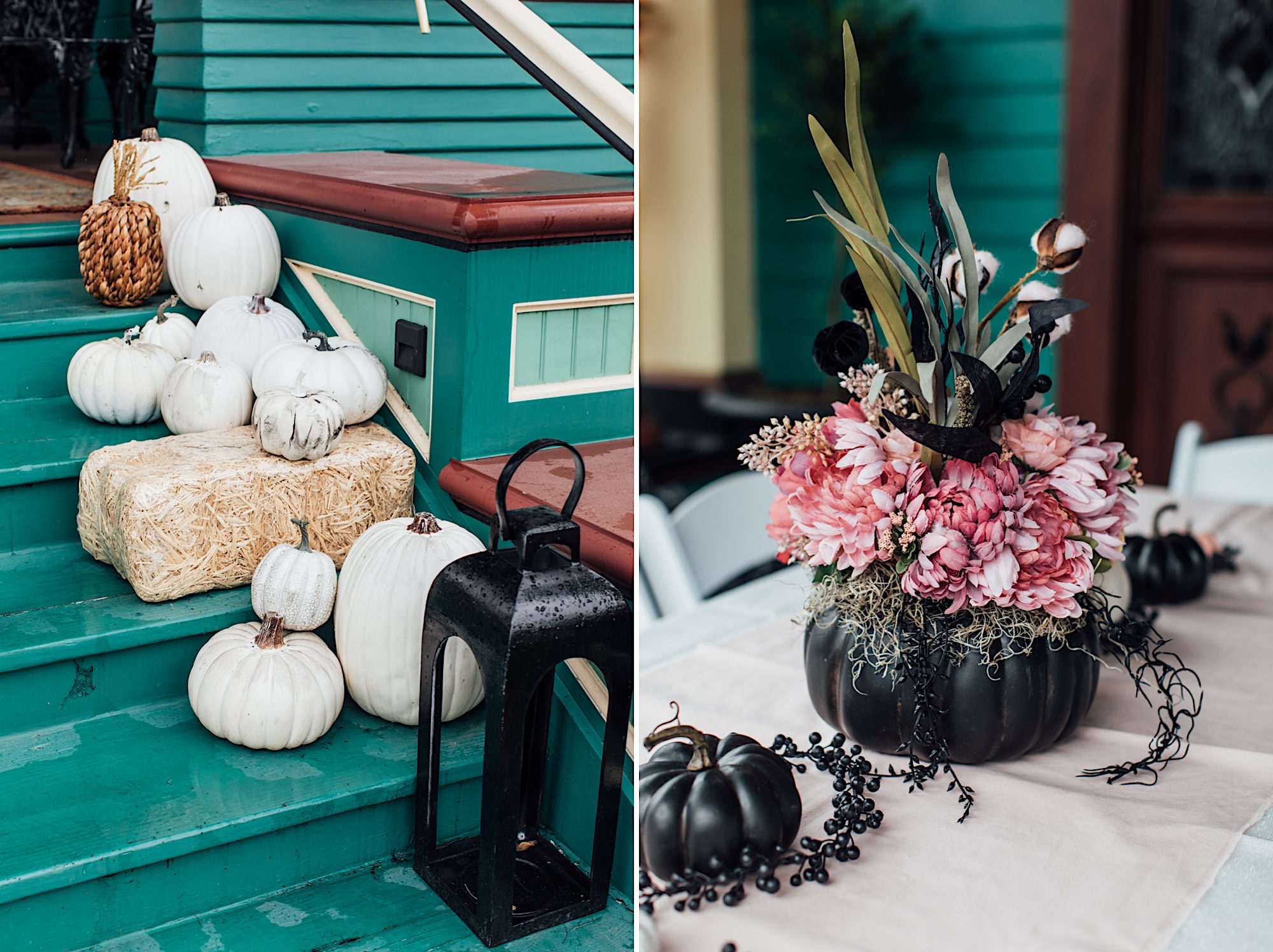 floral black pumpkins decor and white pumpkins as decor outside of victorian haunted mansion by photographer Jessica Sofranko