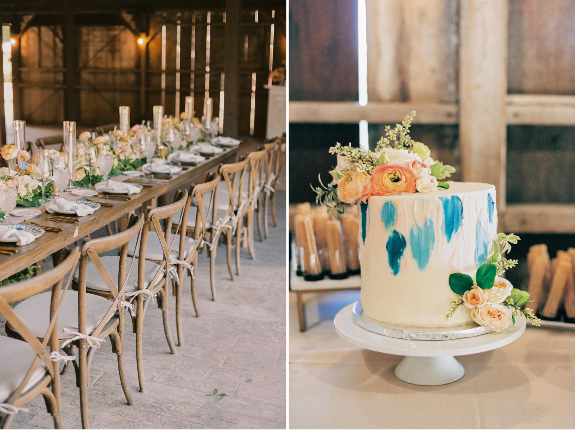 Reception tablescape and bride & groom cake by Bri's sweet retreat the White Barn Edna Valley photographed by san luis obispo wedding photographers jessica sofranko