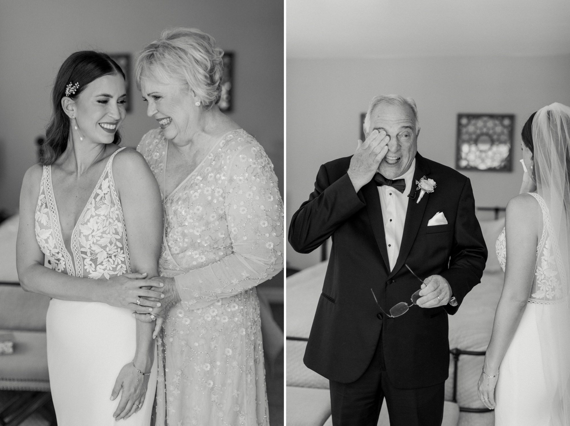 emotional moment of bride with her mother and bride with her father as she's getting ready at the White Barn Edna Valley photographed by san luis obispo wedding photographers jessica sofranko