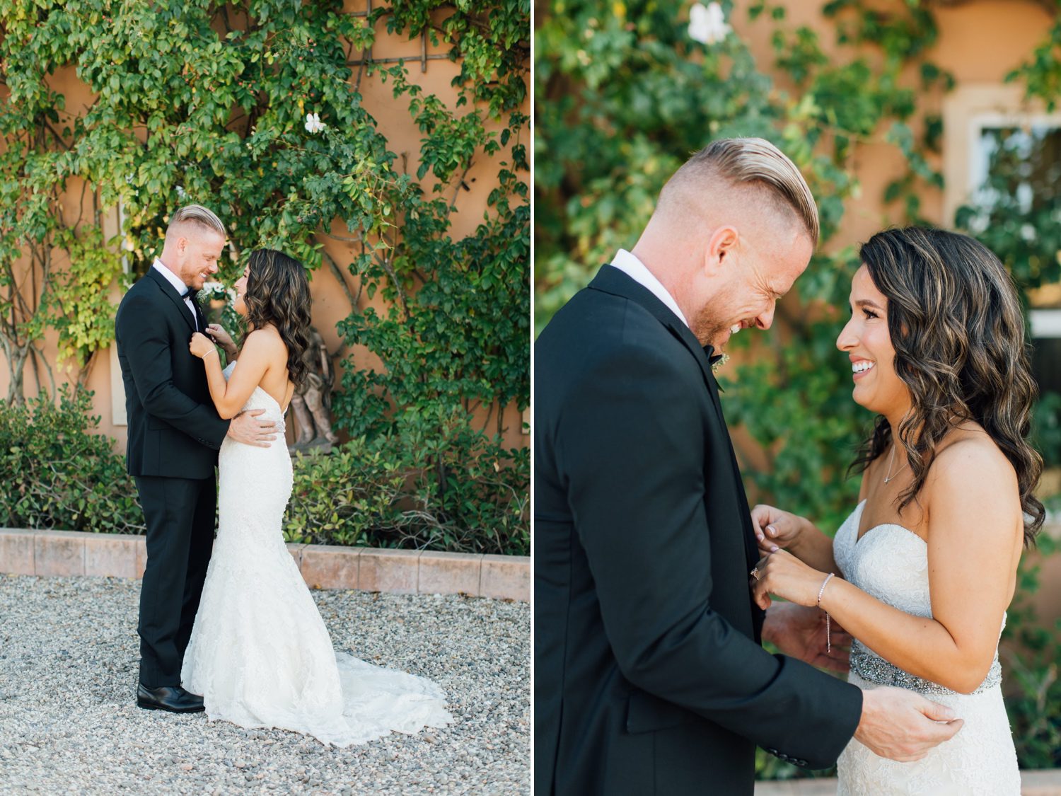 Bride and groom's first look at european chateau inspired wedding in Paso Robles by photographer Jessica Sofranko