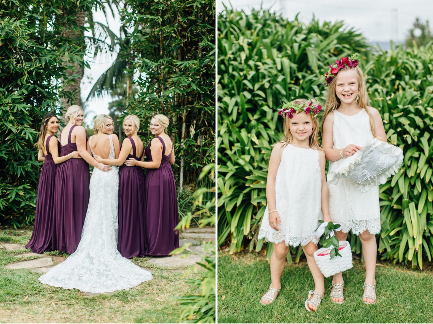 Bridesmaids and flower girls at tropical zoo wedding