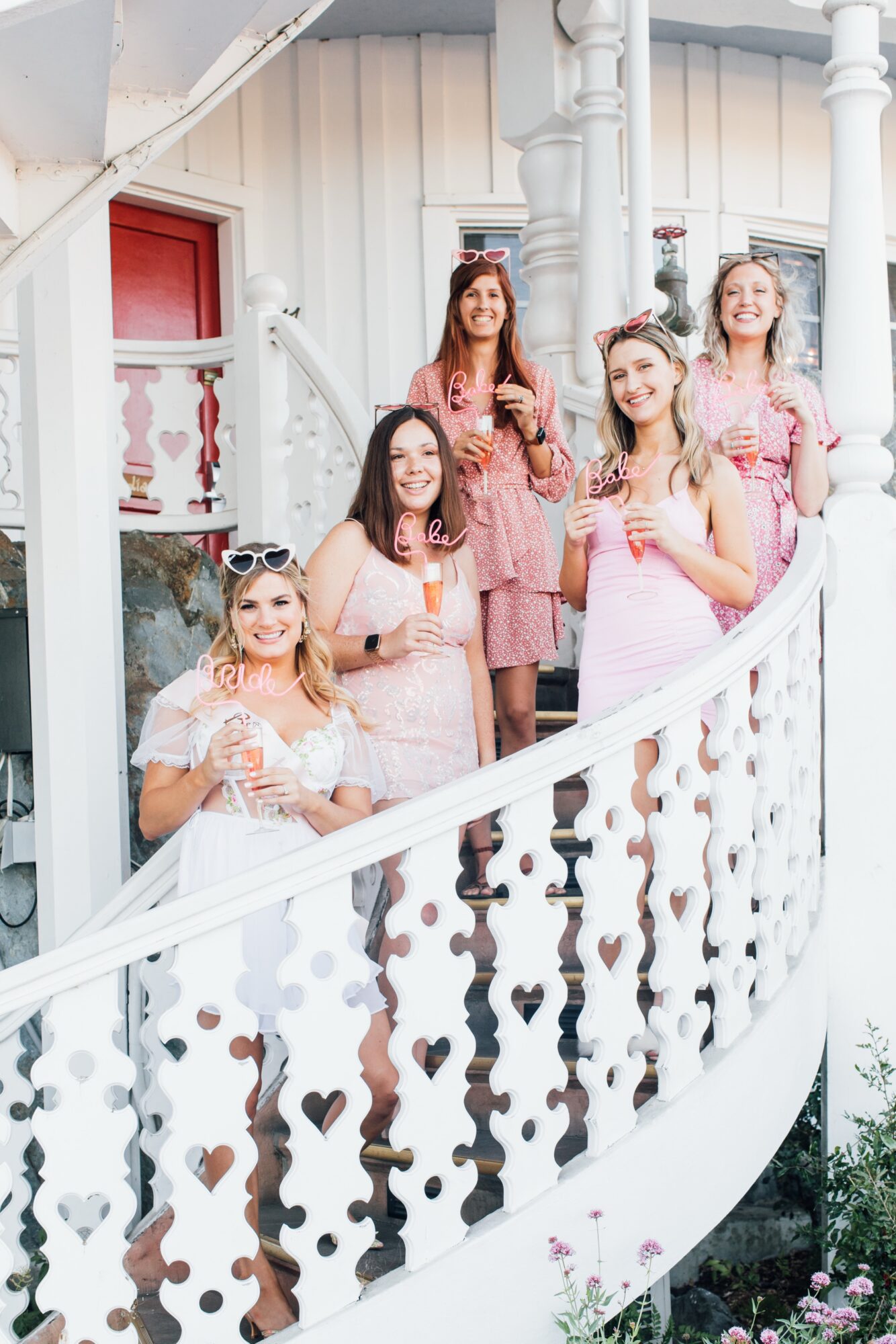 Photo of bride and bridesmaids during bachelorette party at Madonna Inn celebrating before her wedding