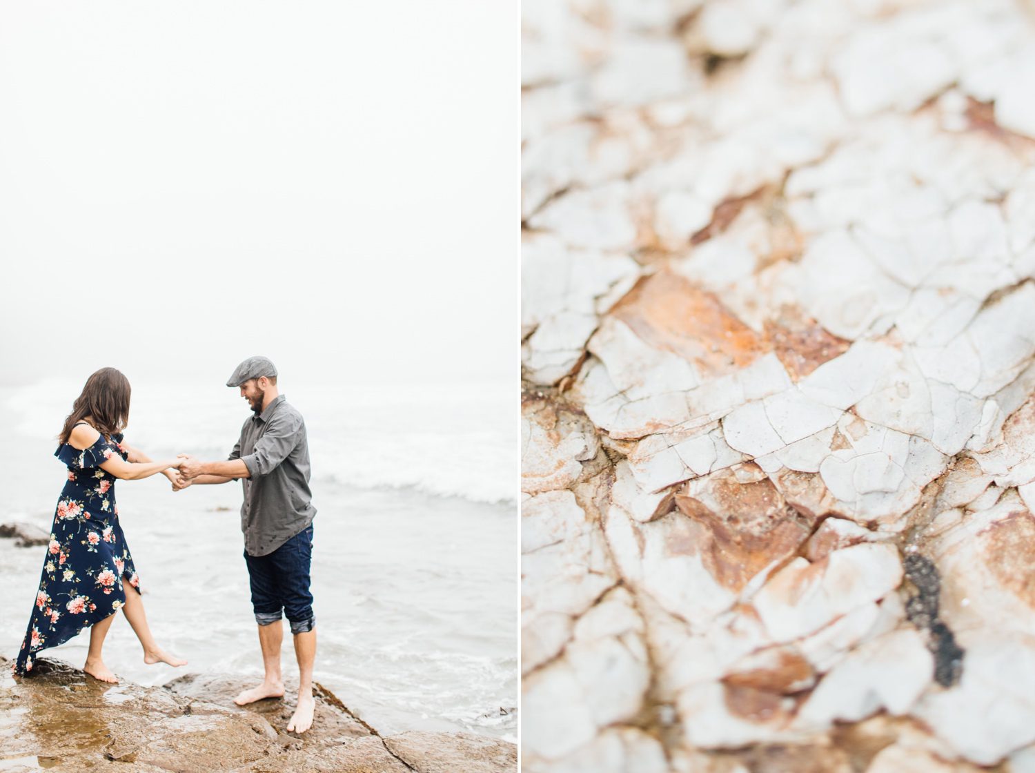couple exploring foggy beach