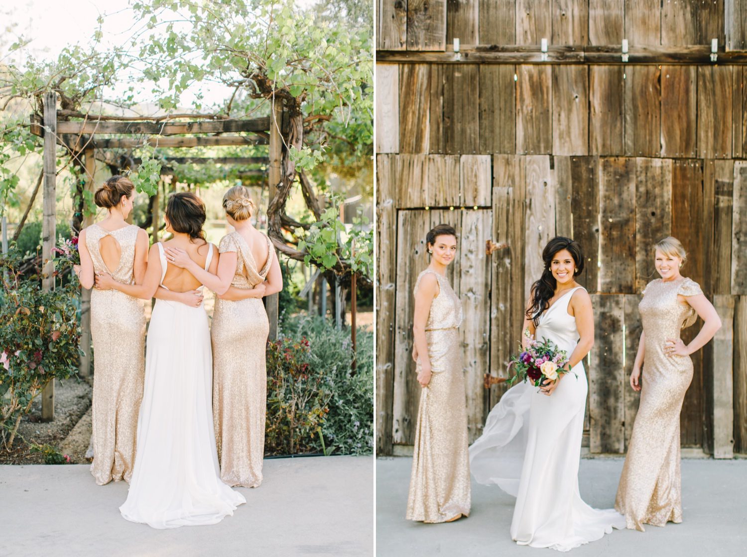 California bride surrounded by bridesmaid in gold sequin dresses