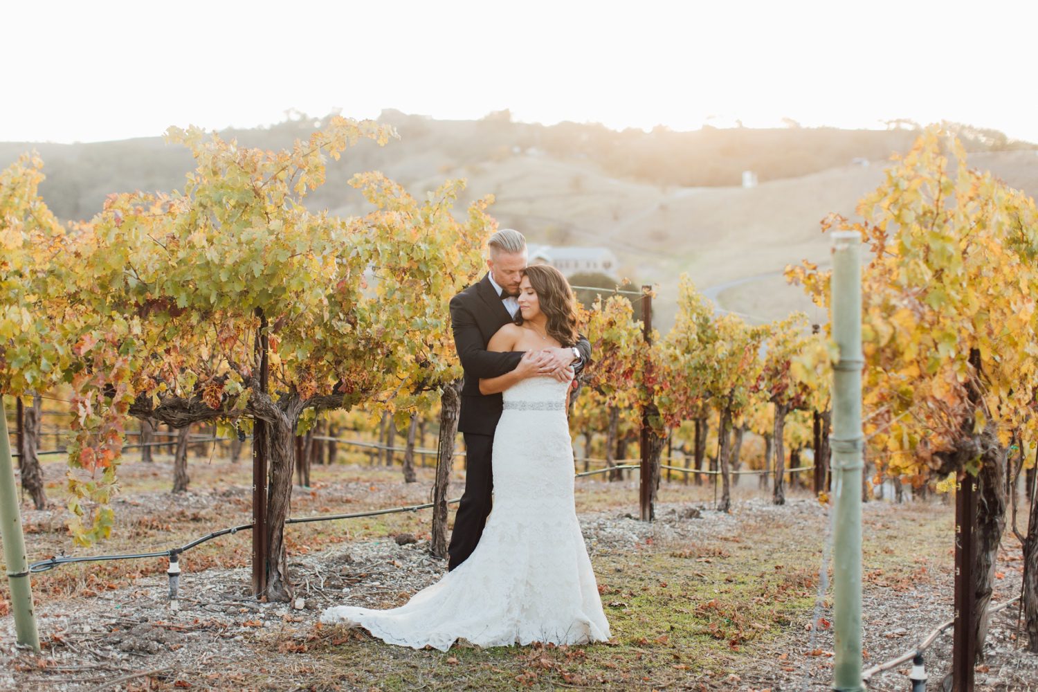 Bride and groom hugging in california vineyard with fall leaves