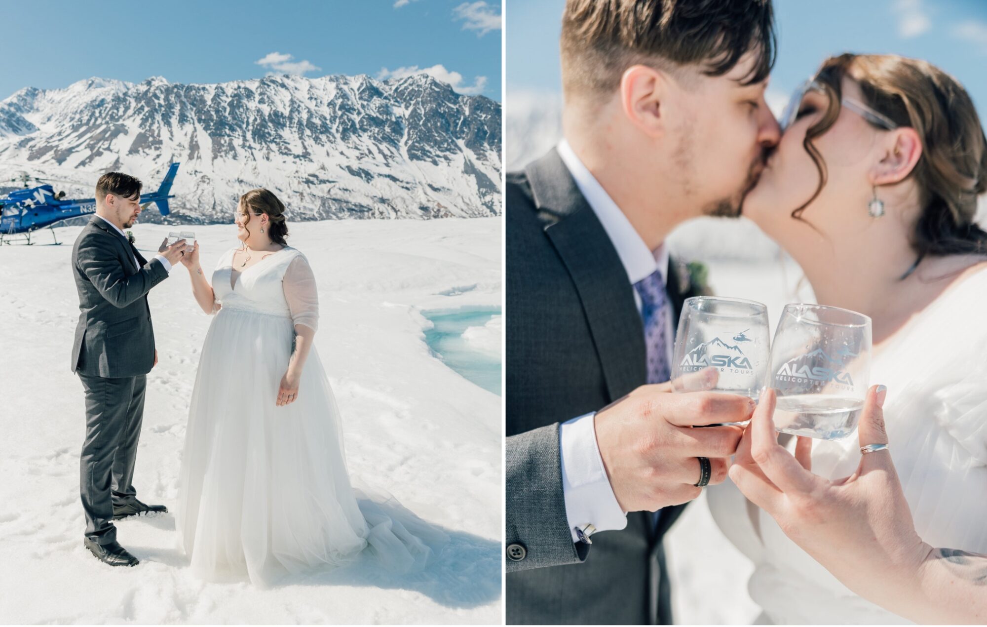 Bride & Groom cheersing with glacier water during elopement on Knik Glacier by Alaska Glacier Lodge by destination wedding photographer Jessica Sofranko