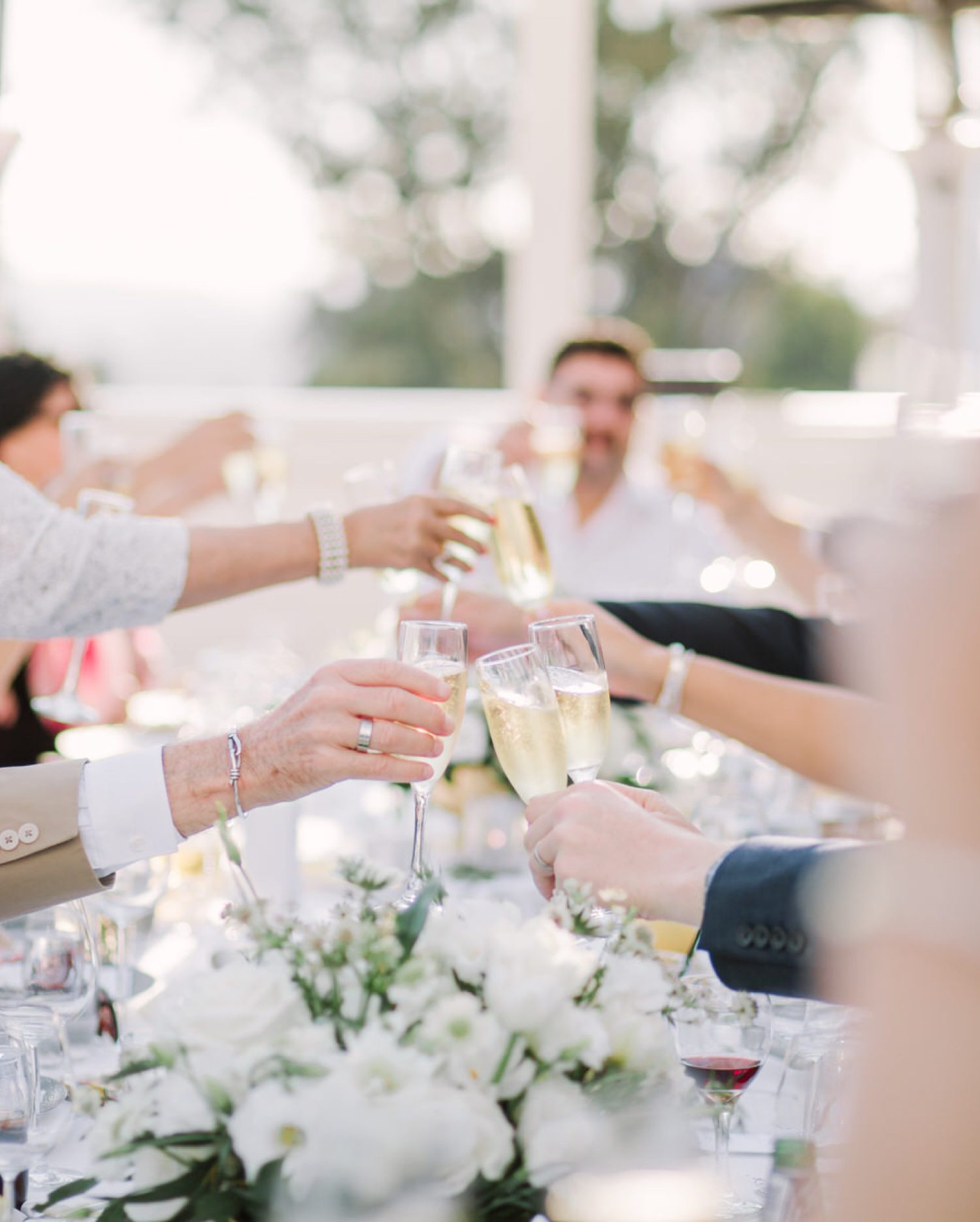 Toasting Champagne at wedding dinner party