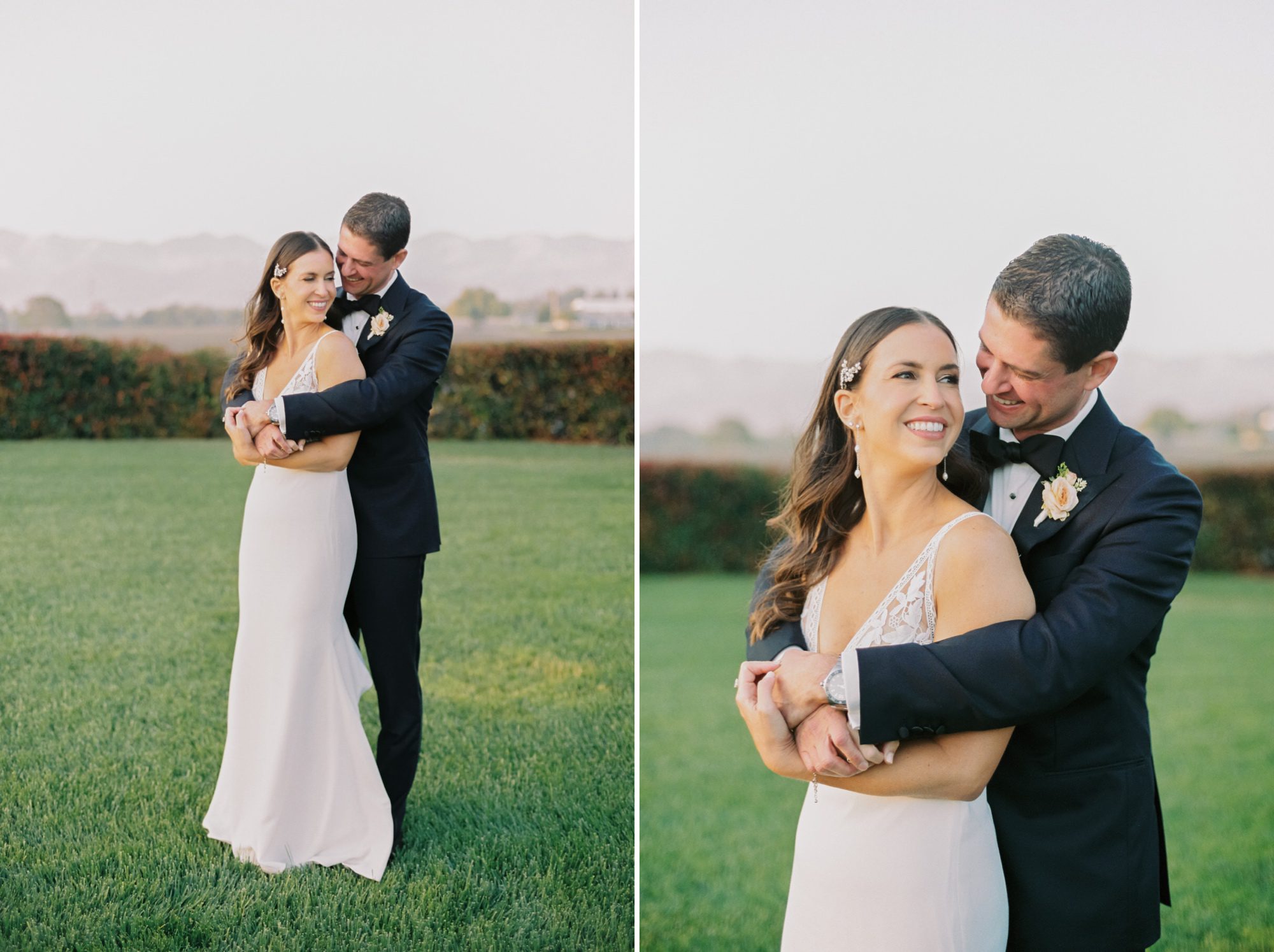 bride and groom cuddling with background of rolling hills at at the White Barn Edna Valley photographed by san luis obispo wedding photographers jessica sofranko