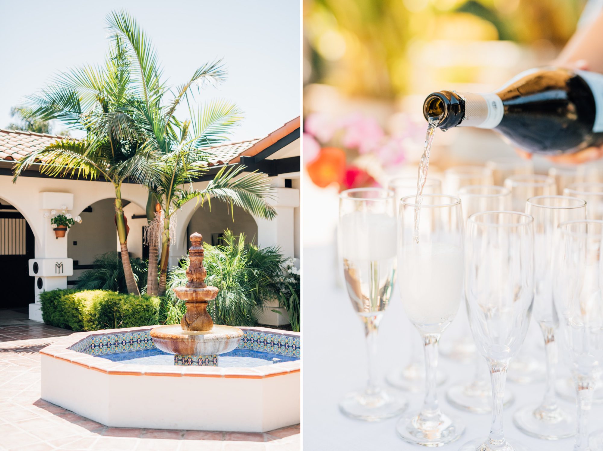 champagne greeting at Mexico inspired destination wedding at La Lomita Ranch in San Luis Obispo california.