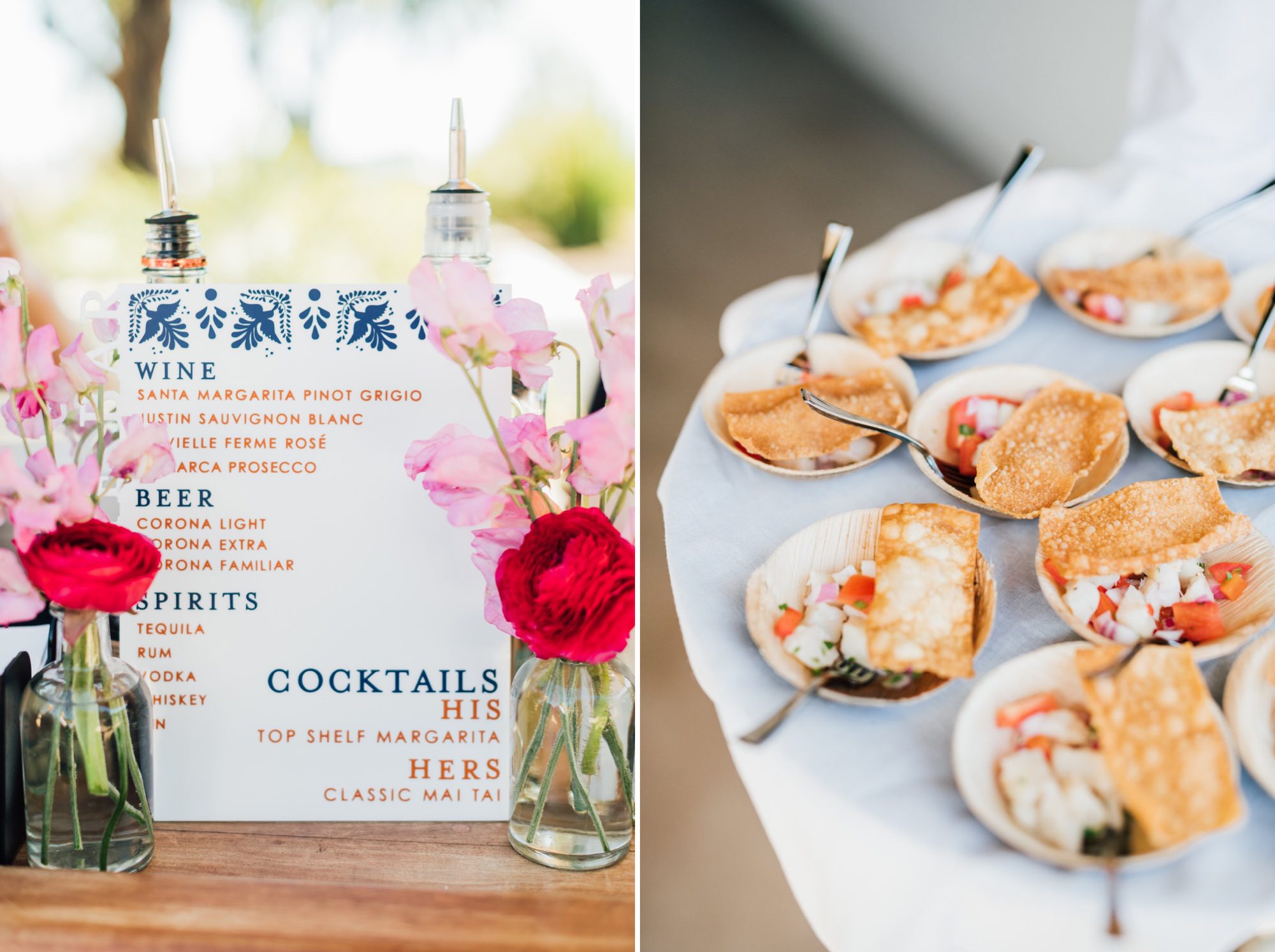 His & Hers cocktails and appetizers at spanish inspired destination wedding at la Lomita Ranch