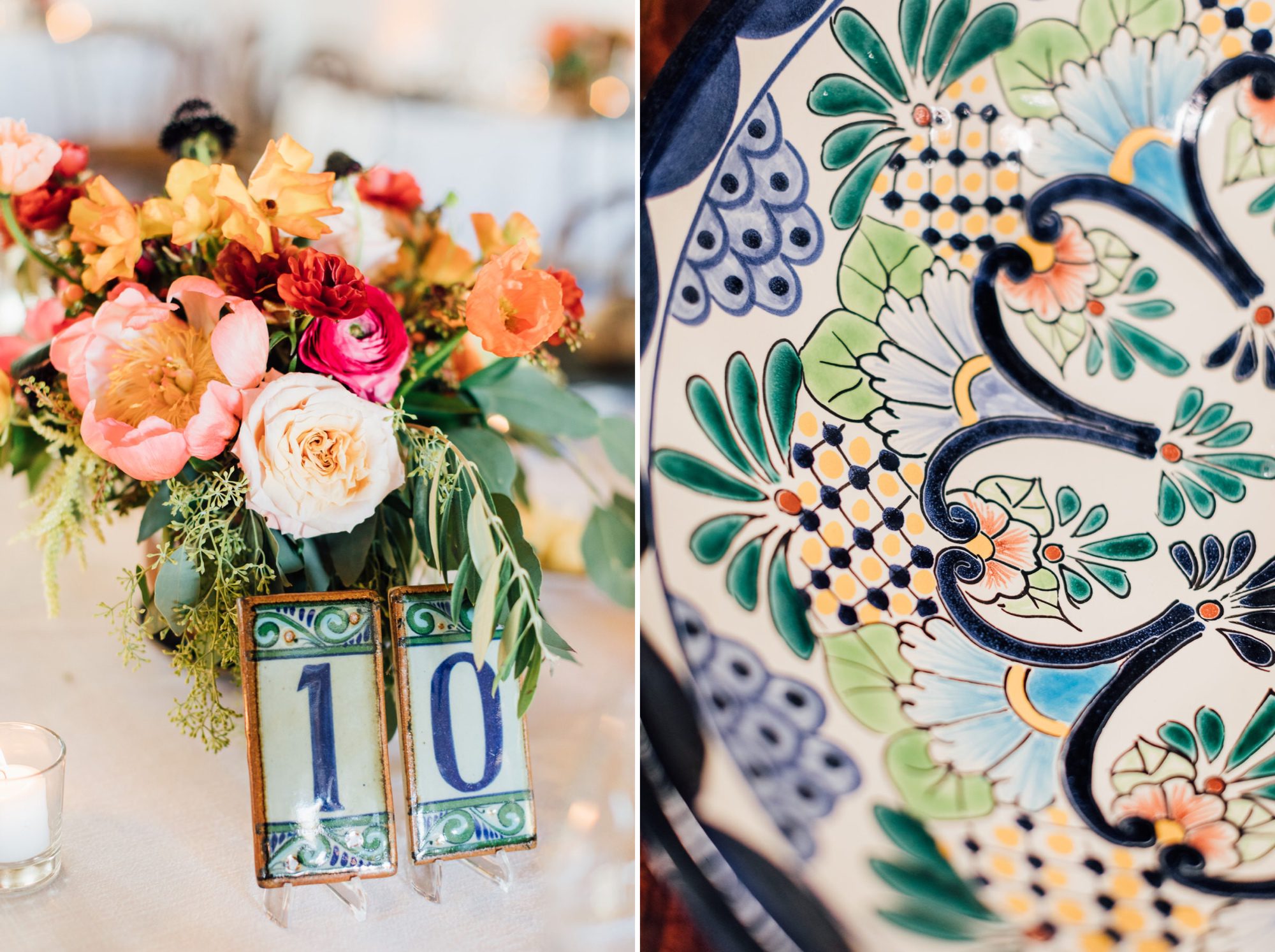 tropical Mexican reception flowers by Fluid Bloom and spanish tile at La Lomita Ranch by photographer Jessica Sofranko